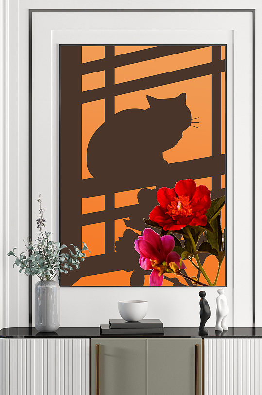 猫咪花卉窗户装饰画
