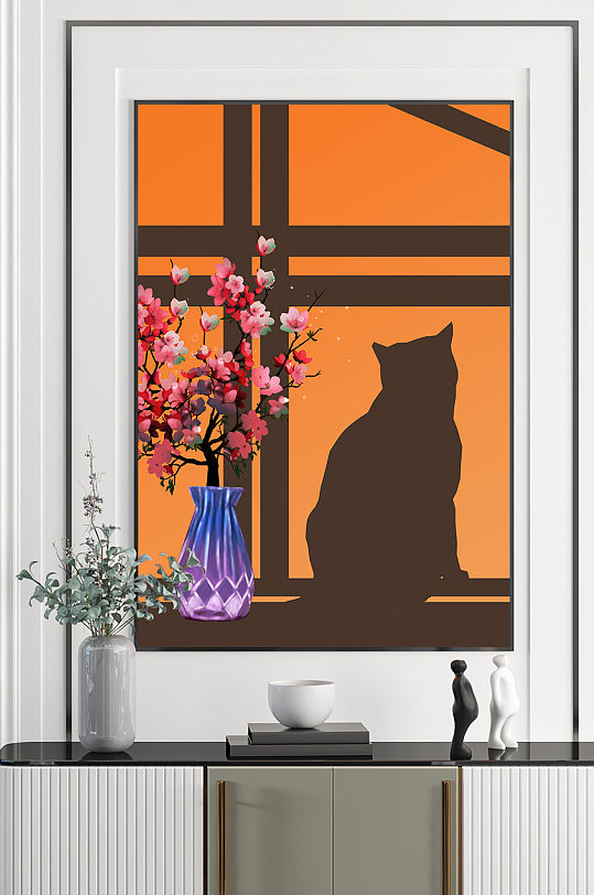 猫咪窗户花卉装饰画