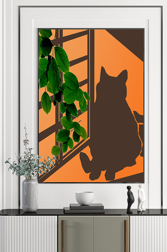 猫咪窗户植物装饰画