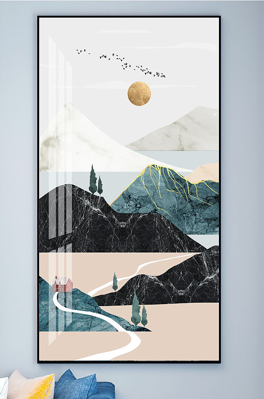 新中式手绘金色山水图片-新中式手绘金色山水素材下载-众图网