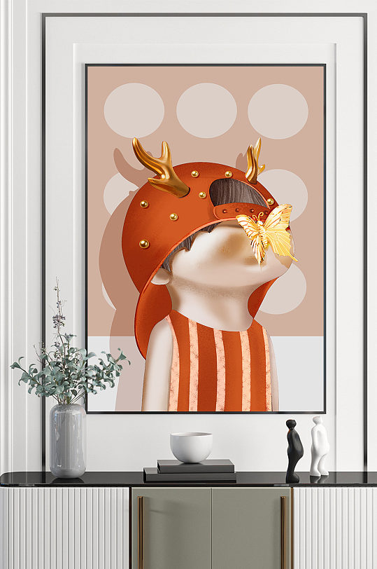 手绘卡通人物蝴蝶装饰画