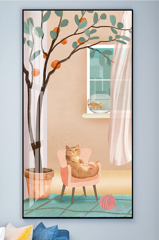 手绘卡通猫咪植物装饰画