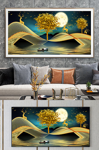 麋鹿飘带金色山水装饰画