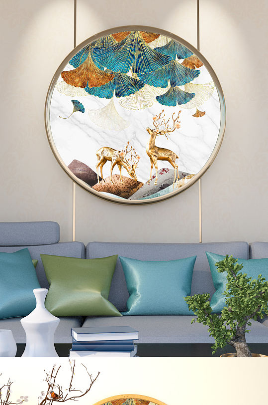 麋鹿银杏叶装饰画圆形玄关-众图网