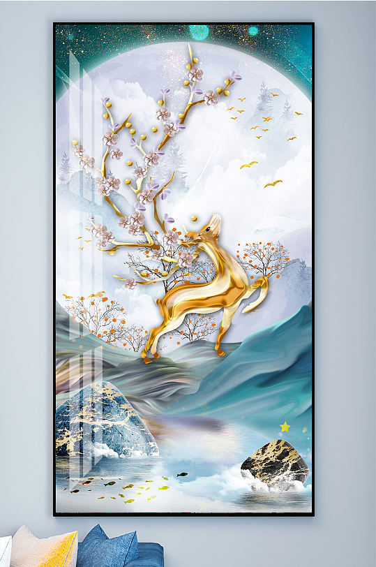 麋鹿发财树山水画晶瓷画玄关-众图网