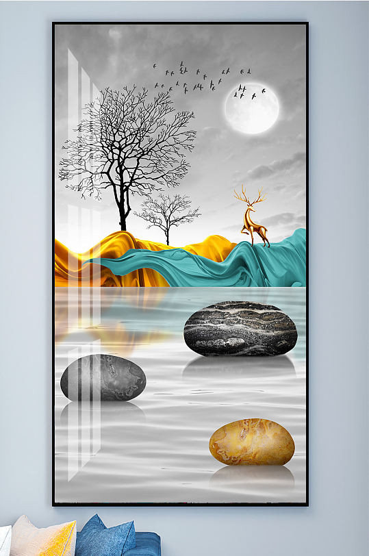 石来运转麋鹿装饰画玄关