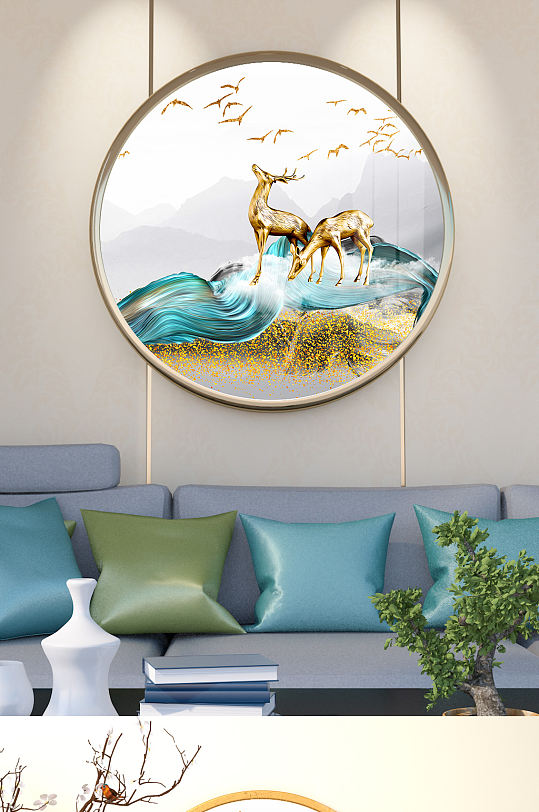 金色麋鹿玄关装饰画-众图网