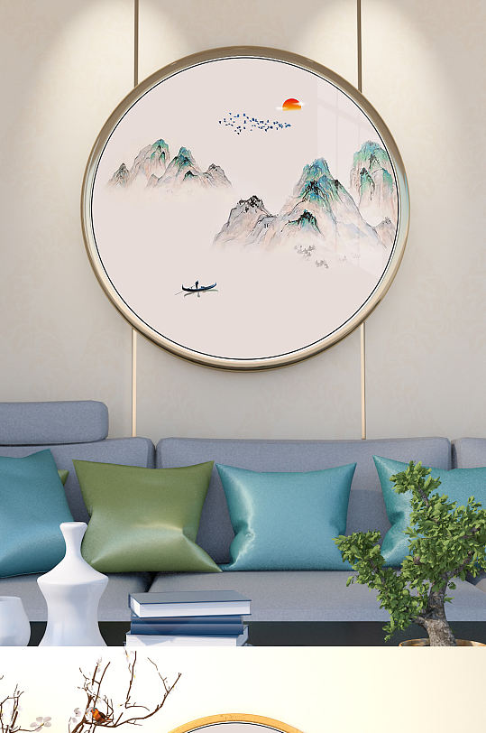 意境山水禅意圆形玄关-众图网
