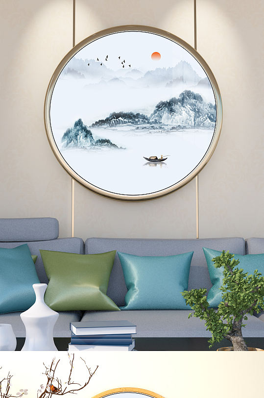 意境山水禅意圆形玄关-众图网