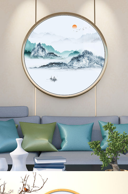 意境山水禅意圆形玄关-众图网