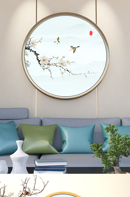 鸟语花香喜上眉梢国画圆形玄关-众图网
