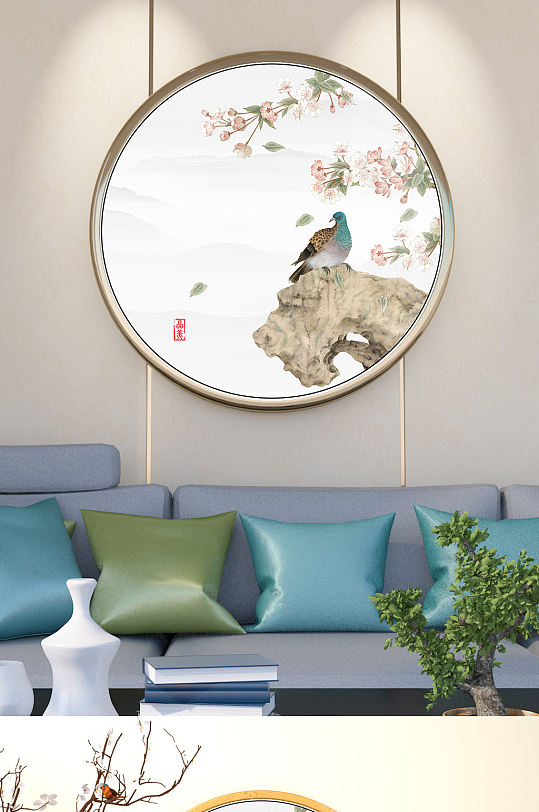 鸟语花香喜上眉梢国画圆形玄关-众图网