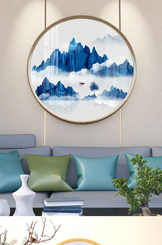 意境山水禅意圆形玄关-众图网