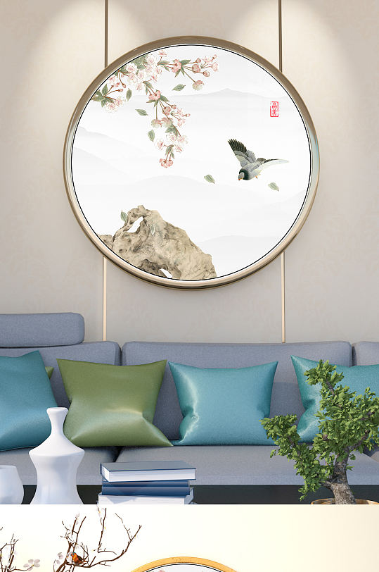 鸟语花香喜上眉梢国画圆形玄关-众图网