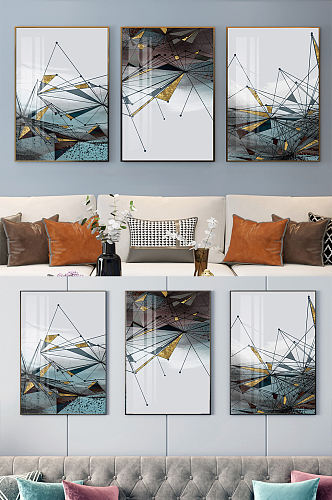 几何抽象山水复古手绘客厅北欧装饰画