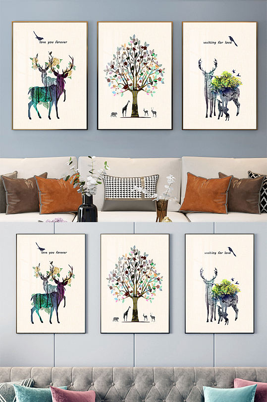 麋鹿发财树装饰画-众图网