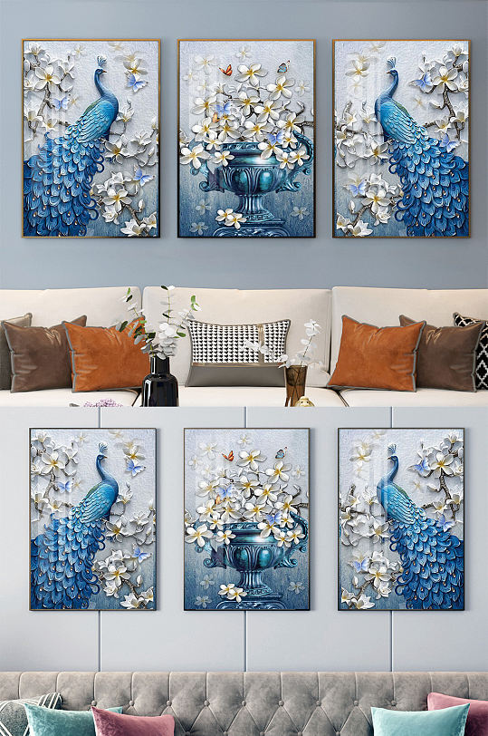 国画孔雀家和富贵装饰画-众图网