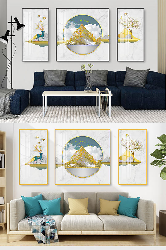 金色麋鹿意境山水装饰画-众图网