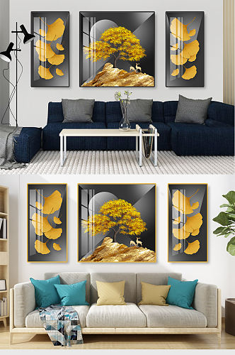 金色银杏叶麋鹿山水装饰画