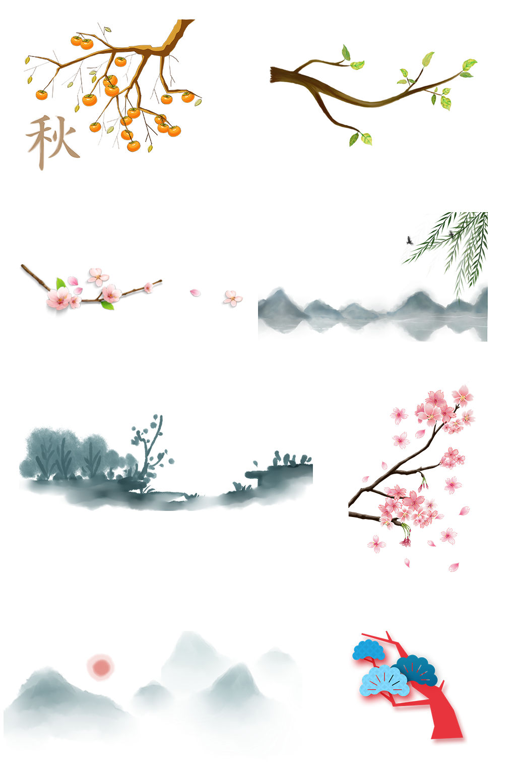 桃花枝水墨山水秋天柿子素材