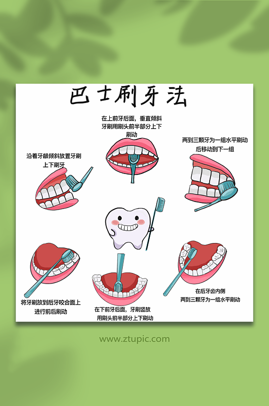 卡通牙齿清洁口腔刷牙方式科普插画