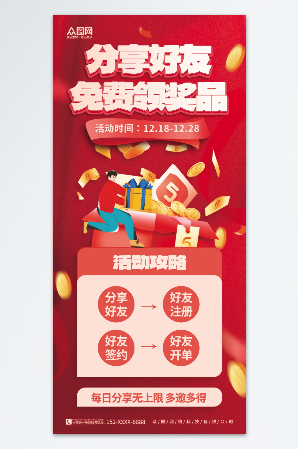 红色邀请好友分享领取优惠福利促销海报素材