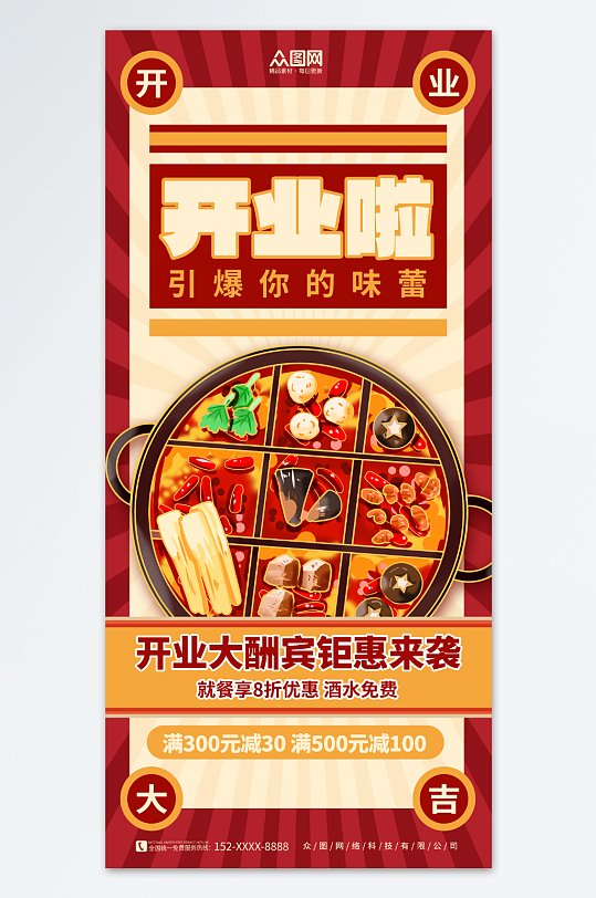火锅餐饮复古风新店开业海报-众图网