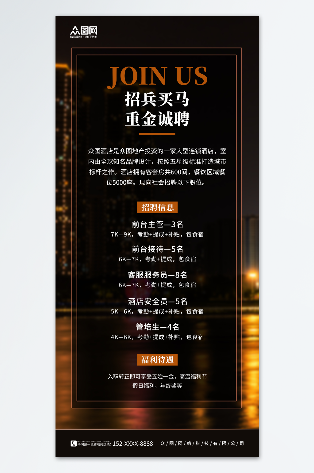 简约酒店饭店服务人员招聘海报素材