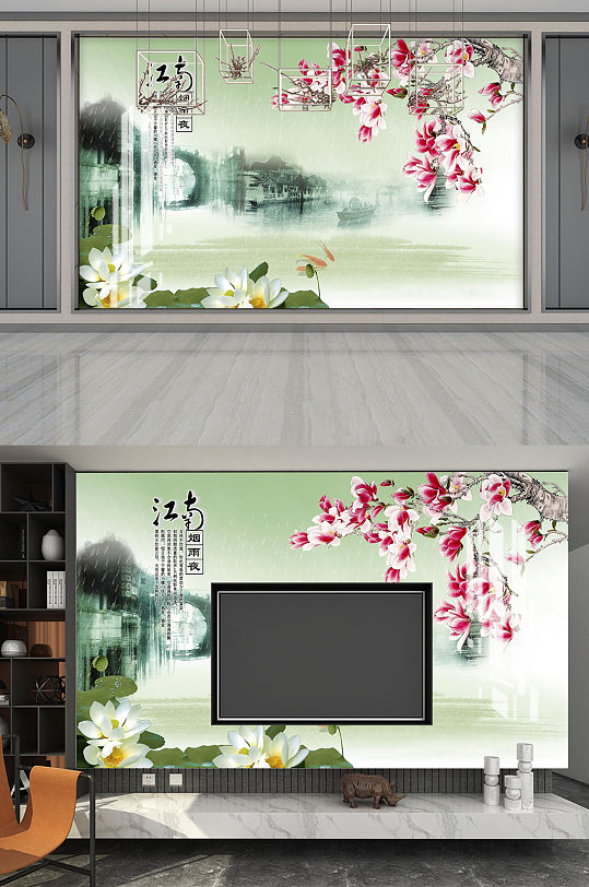 江南烟雨夜背景墙-众图网