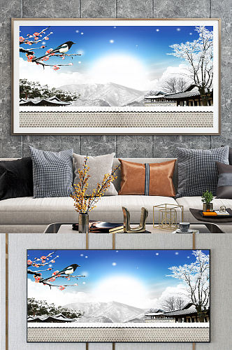 中国风雪山房屋背景图