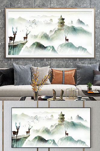 中国风麋鹿山水泼墨画