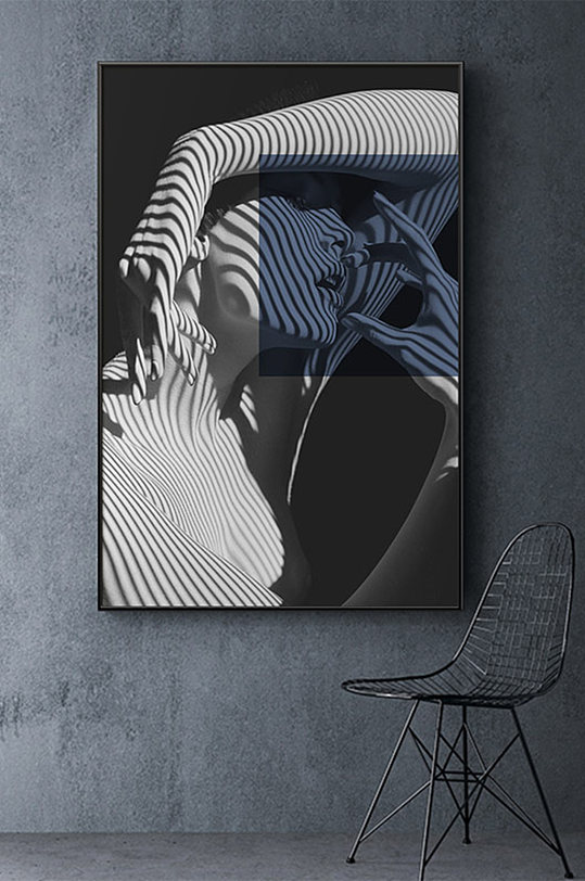 现代简约蓝色抽象几何线条人物装饰画