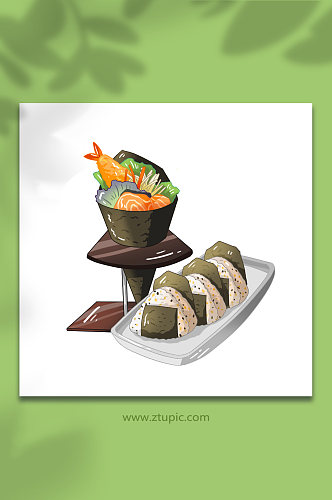 卡通可爱饭团和手卷寿司日料美食元素插画