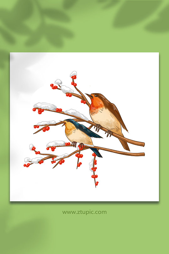 卡通可爱梅花麻雀小雪节气元素插画-众图网