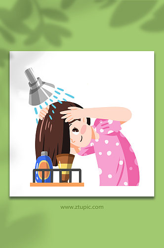 扁平打湿头发女性面部清洁头部护理元素插画