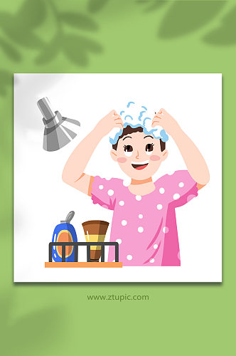 手绘搓洗头发女性面部清洁头部护理元素插画