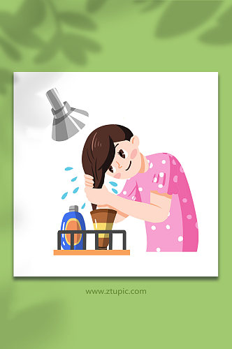 扁平拧干头发女性面部清洁头部护理元素插画