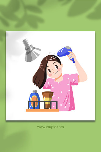 扁平吹头发女性面部清洁头部护理元素插画