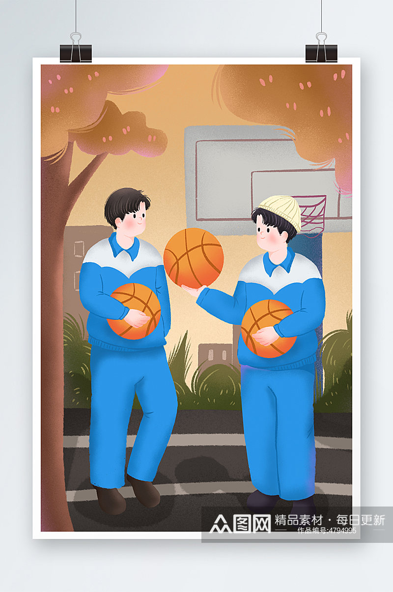 扁平手绘打篮球开学季人物插画素材