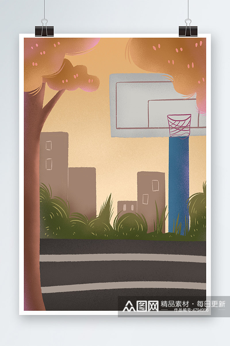 手绘扁平篮球场开学季插画背景图素材