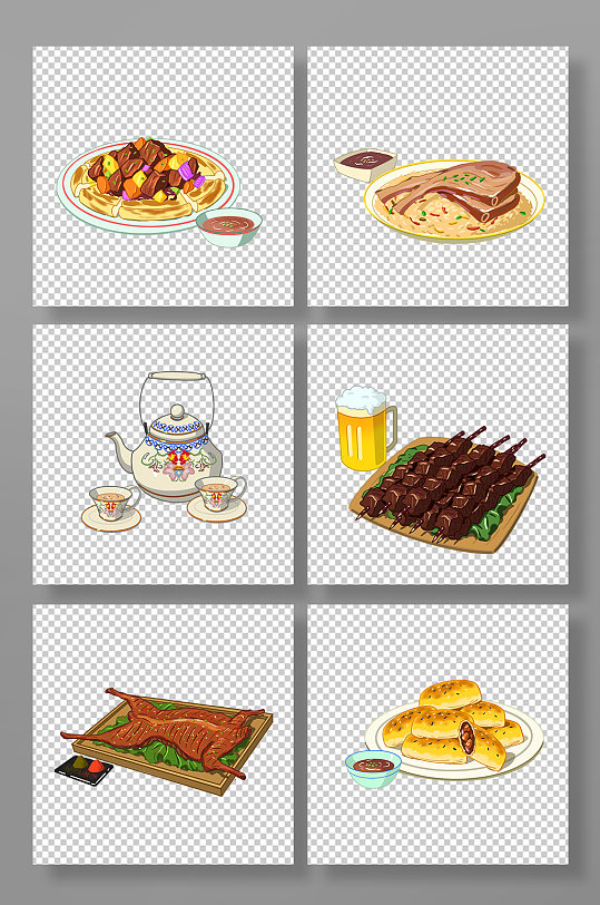 卡通可爱手绘扁平新疆特色美食元素插画