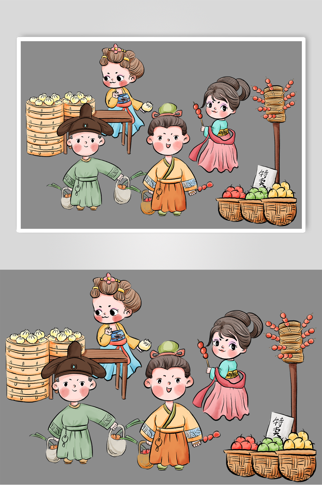 中国风美食可爱古代古风集市摊位人物插画素材
