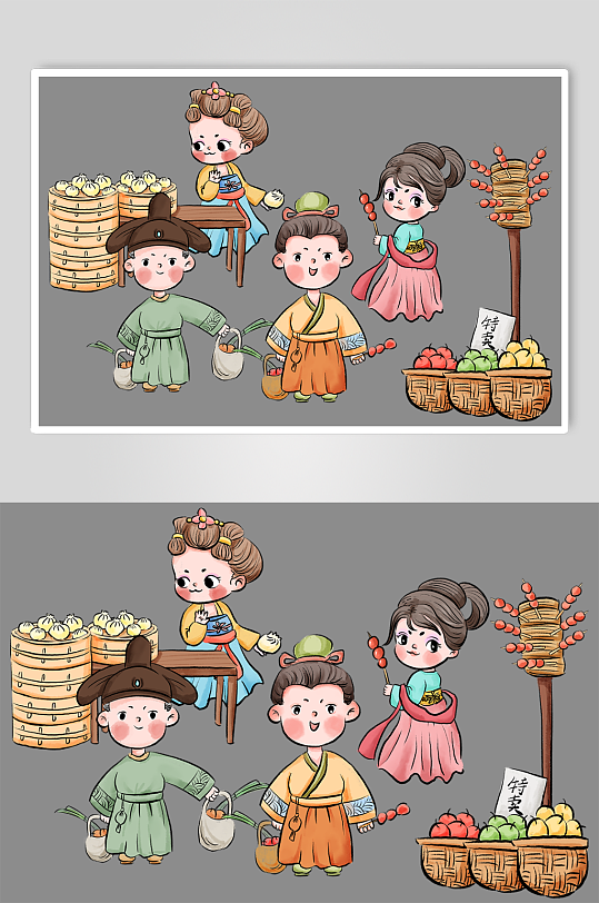 中国风美食可爱古代古风集市摊位人物插画-众图网