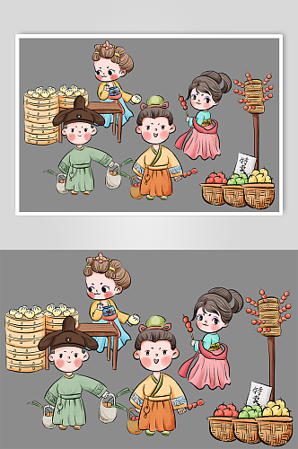 中国风美食可爱古代古风集市摊位人物插画