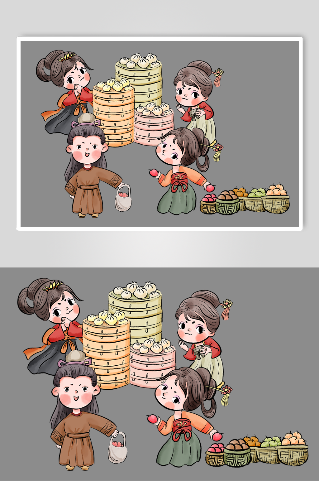 可爱卡通古代古风集市包子铺摊位人物插画素材