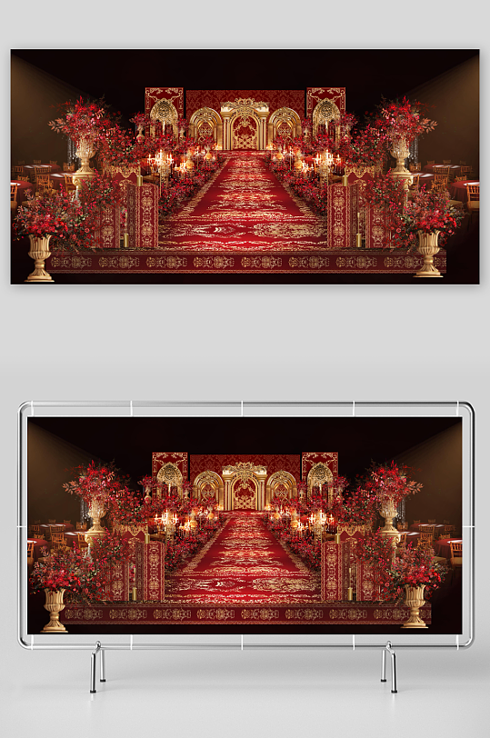 红金欧式巴洛克婚礼水晶灯宴会厅效果图设计
