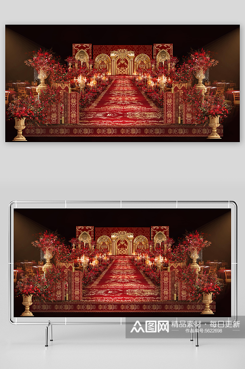 红金欧式巴洛克婚礼水晶灯宴会厅效果图设计素材