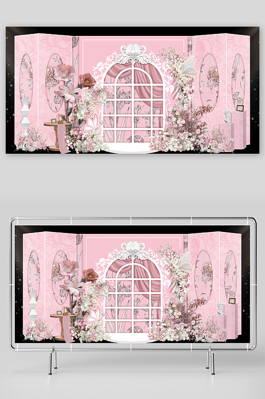 粉色欧式花纹白描花卉婚礼合影背景效果图