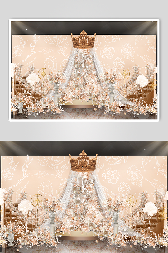 香槟金皇冠花墙白描花卉背景合影效果图