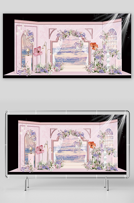 豆沙粉婚礼迎宾合影区效果图-众图网